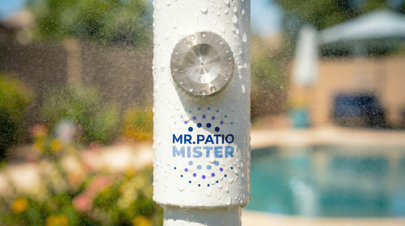 Mr Patio Mister product hero photo — portable patio misting system cooling an outdoor patio
